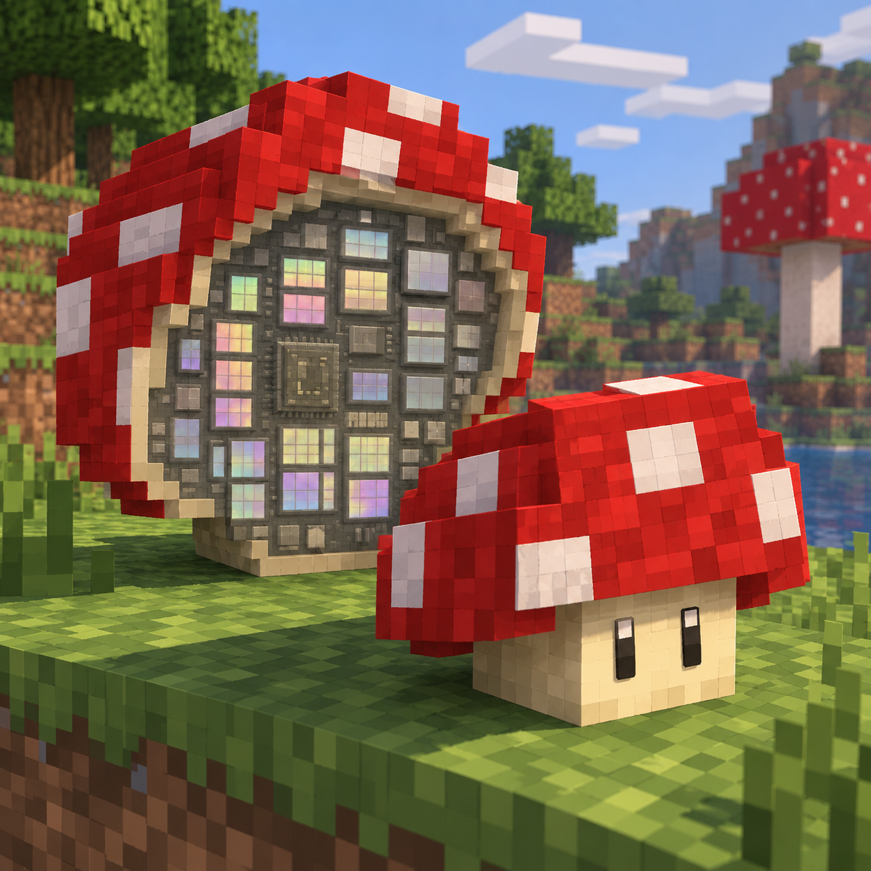 Mineshroom character in a block-built forest